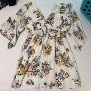 Bailey Blue Floral Long Sleeve Dress in Cream and Gray